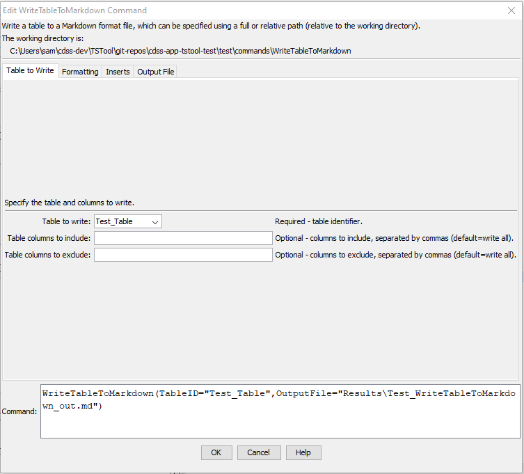 WriteTableToMarkdown command editor for table parameters