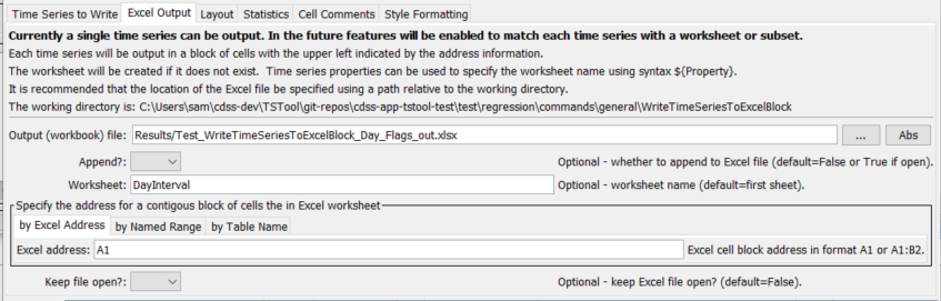 WriteTimeSeriesToExcelBlock command editor for Excel Output parameters