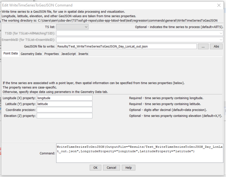 WriteTimeSeriesToGeoJSON command editor