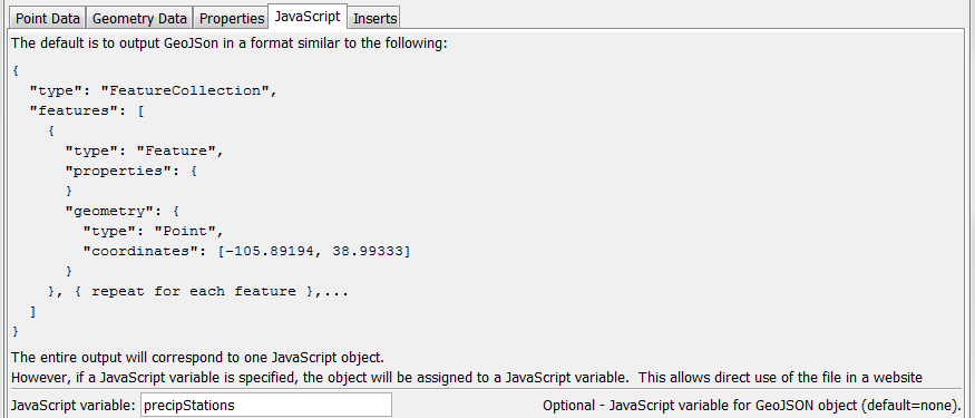 WriteTimeSeriesToGeoJSON command editor for JavaScript parameters